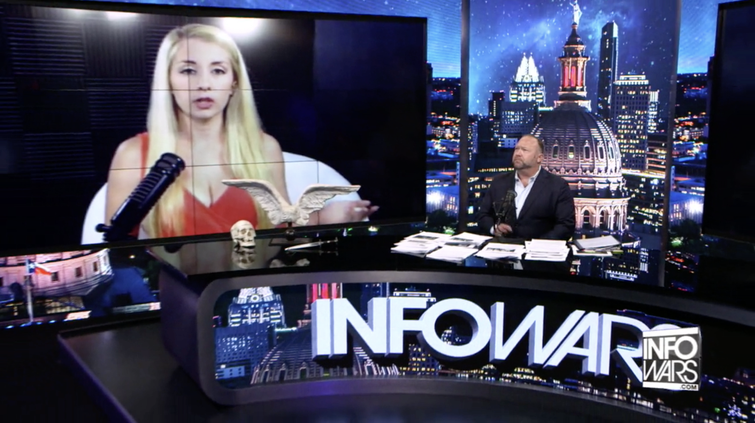 Alex Jones Millie Weaver Infowars Studio EXZM Skull Wings July 17th 2020