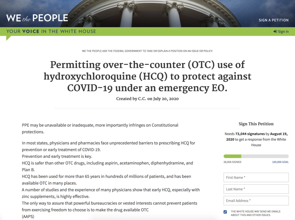WeThePeople The White House Petition HCQ OTC August 9th 2020 1