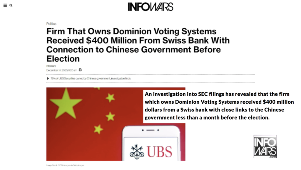 Dominion Voting Systems received $400 million dollars Swiss bank Chinese government Alex Jones Infowars EXZM December 1st 2020