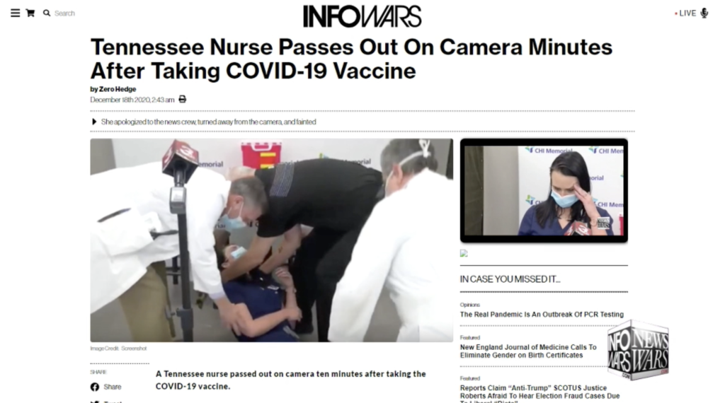 Tennessee Nurse Passes Out On Camera Minutes After Taking COVID19 Vaccine Alex Jones Infowars December 18th 2020