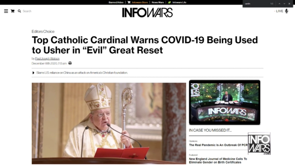 Top Catholic Cardinal Warns COVID-19 Being Used to Usher in Evil Great Reset Alex Jones Infowars December 18th 2020