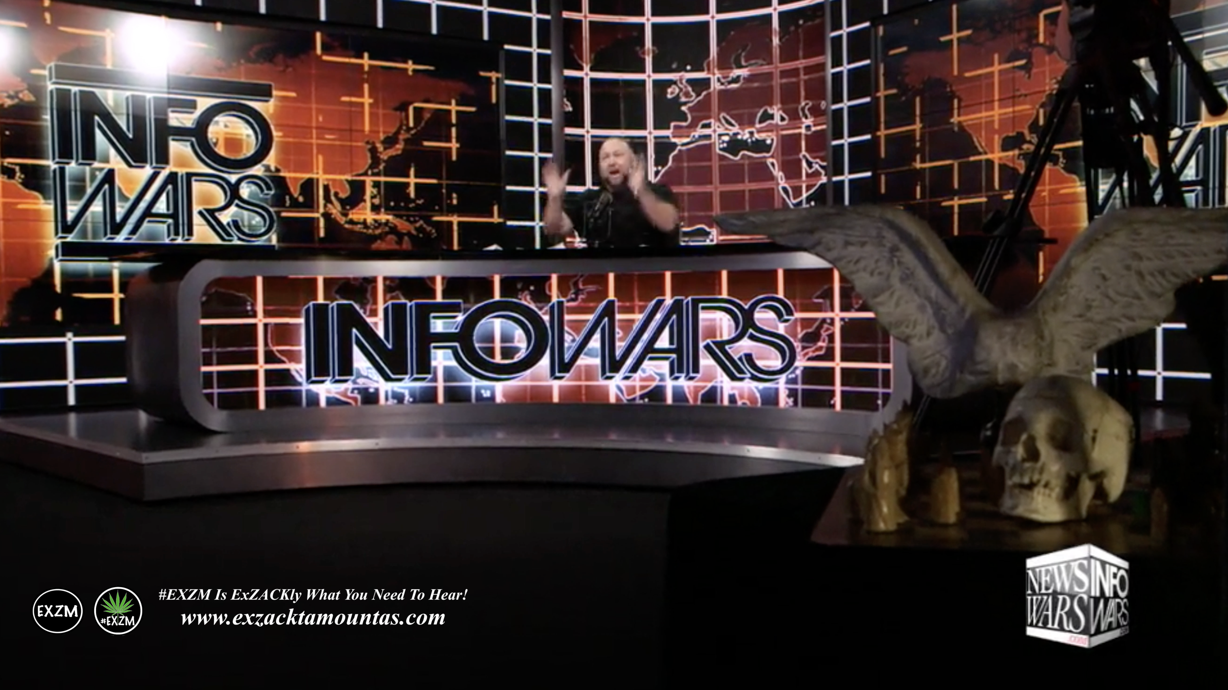 Alex Jones Infowars Studio Skull Angel Wings Sword EXZM Zack Mount January 31st 2021 copy