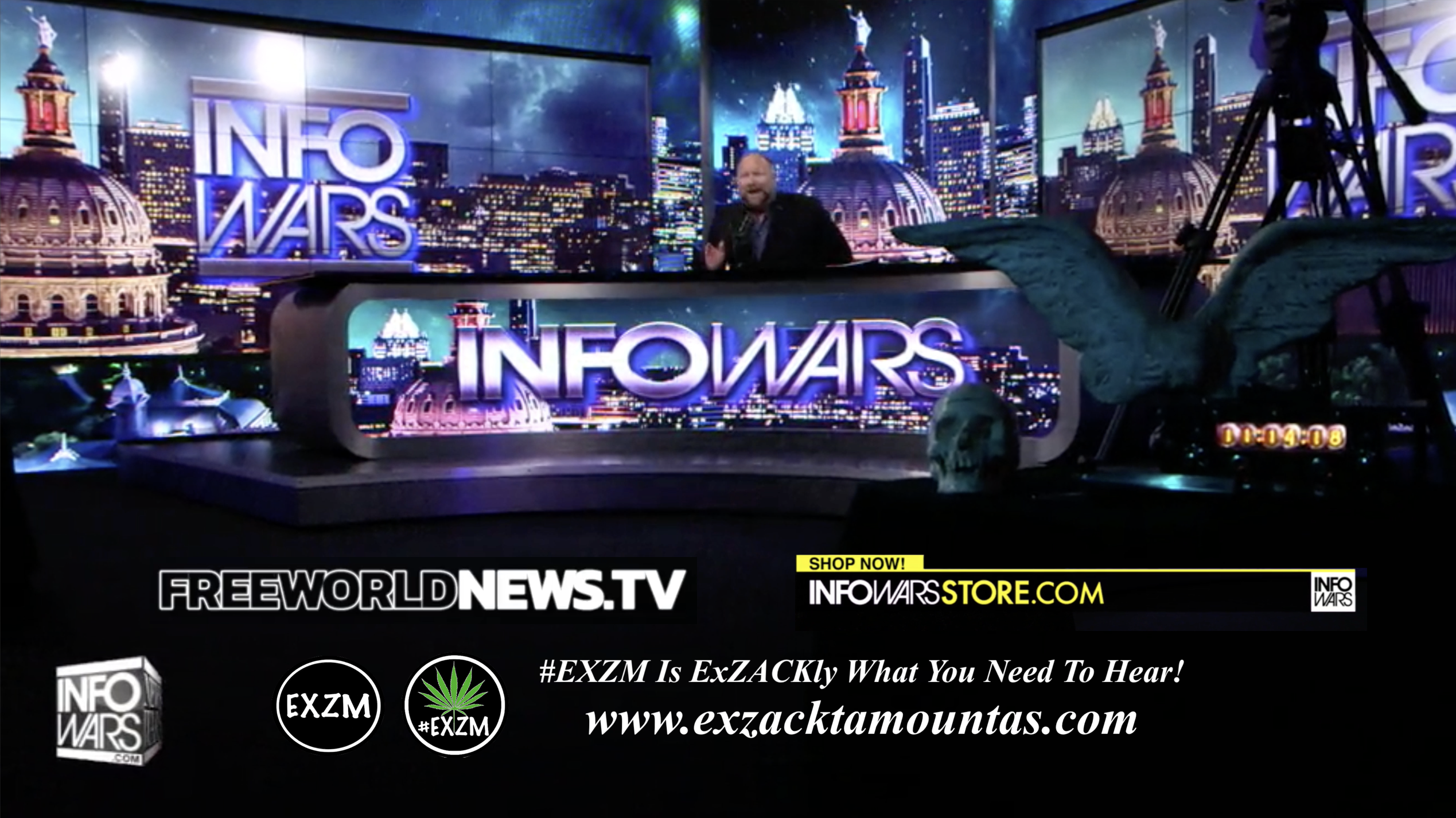Alex Jones Live In Infowars Studio Human Skull Angel Wings Dagger Free World News TV EXZM Zack Mount June 25th 2021 copy