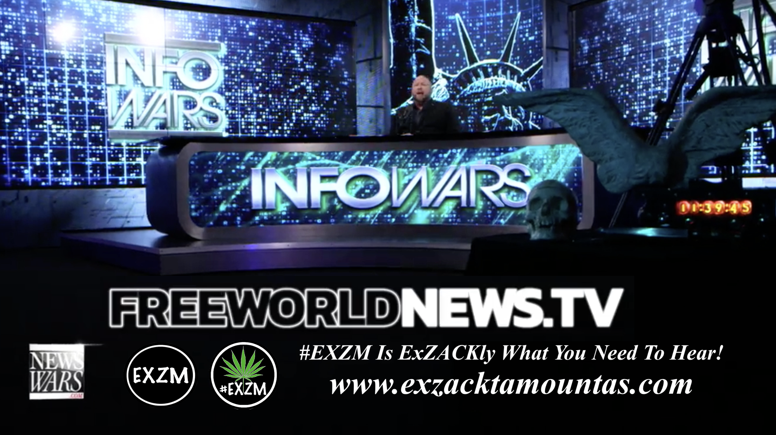 Alex Jones Live In Infowars Studio Human Skull Angel Wings Dagger Free World News TV EXZM Zack Mount June 8th 2021 copy