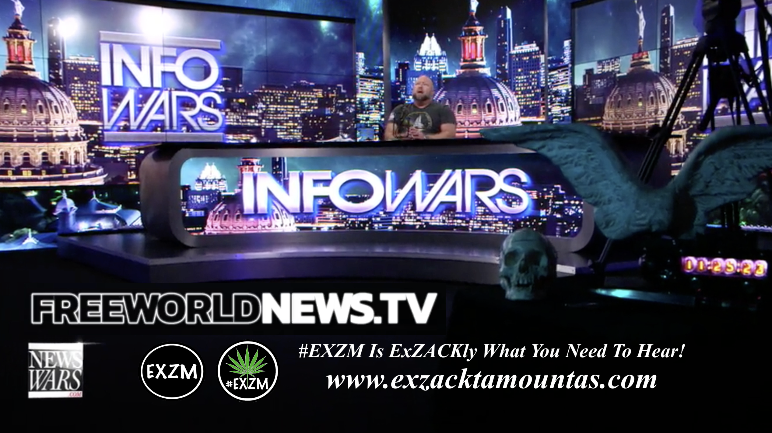 Alex Jones Live In Infowars Studio Human Skull Angel Wings Dagger Free World News TV EXZM Zack Mount June 9th 2021 copy