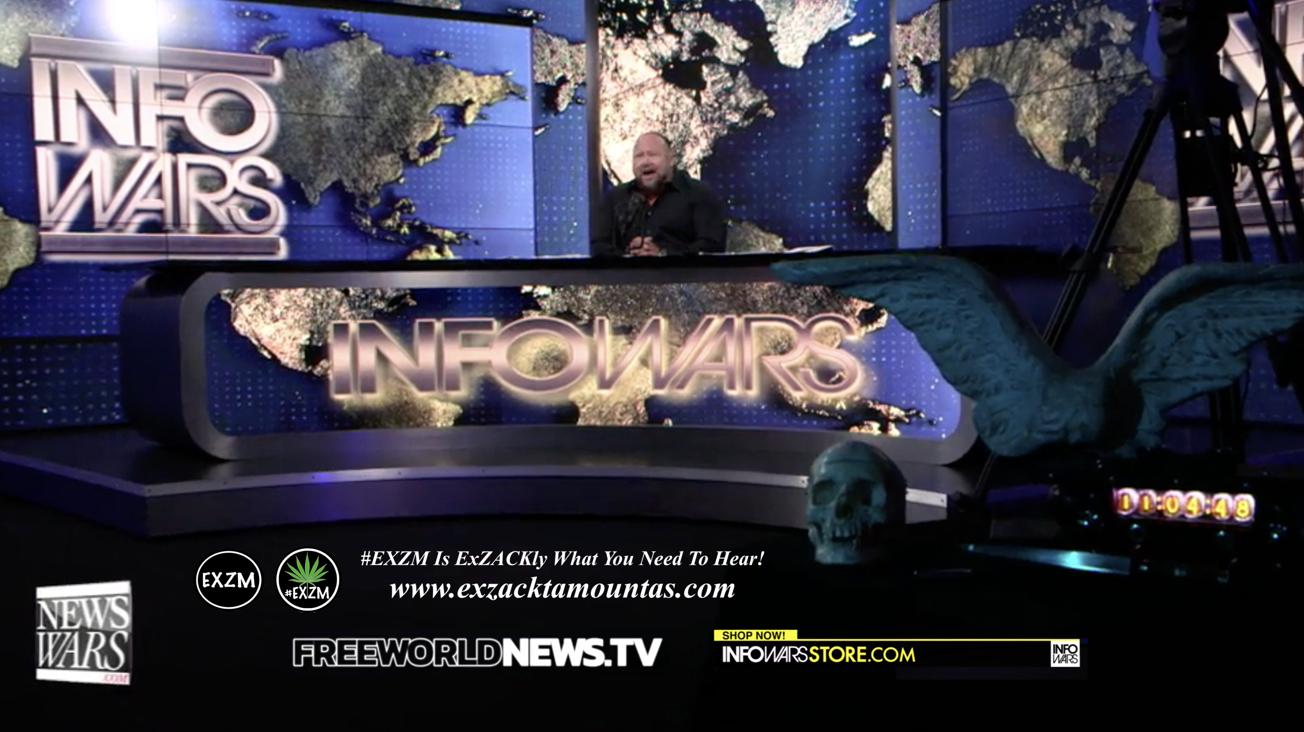 Alex Jones Live In Infowars Studio Human Skull Angel Wings Dagger Free World News TV EXZM Zack Mount July 21st 2021 copy