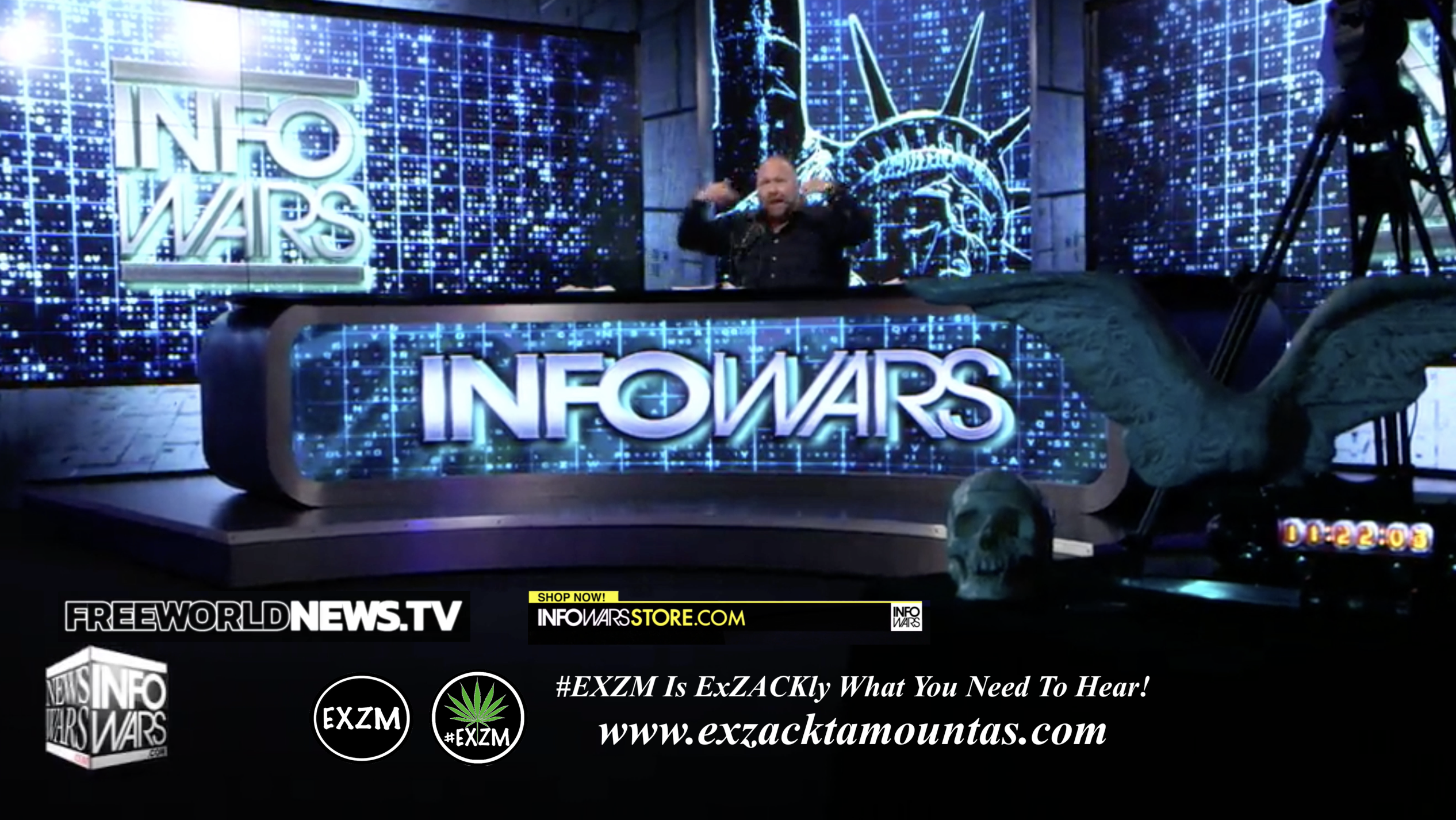 Alex Jones Live In Infowars Studio Human Skull Angel Wings Dagger Free World News TV EXZM Zack Mount July 9th 2021 copy