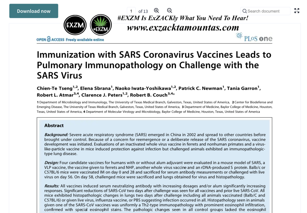 Immunization With SARS Coronavirus Vaccines Leads To Pulmonary Immunopathology on challenge with the SARS Virus EXZM Zack Mount May 6th 2021