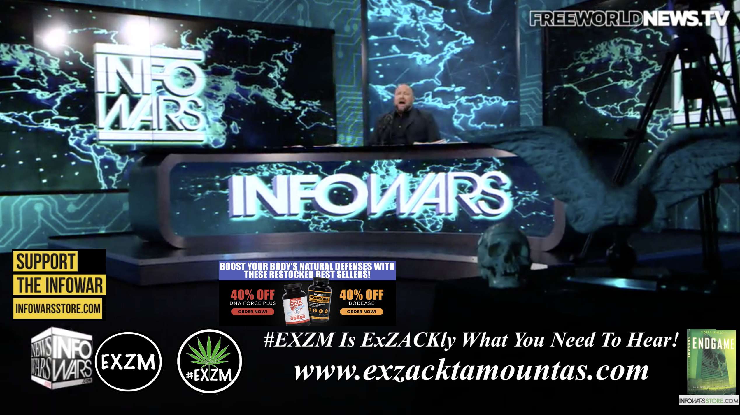 Alex Jones Live In Infowars Studio Human Skull Angel Wings Dagger Free World News TV EXZM Zack Mount October 27th 2021 copy