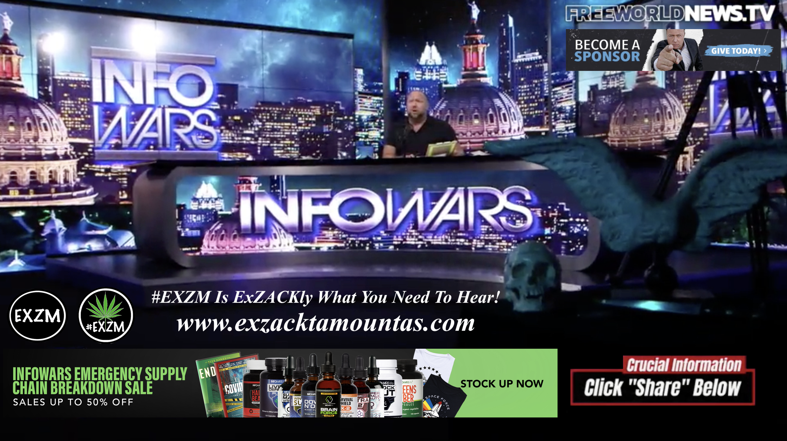 Alex Jones Live In Infowars Studio Human Skull Angel Wings Dagger Free World News TV EXZM Zack Mount October 8th 2021 copy