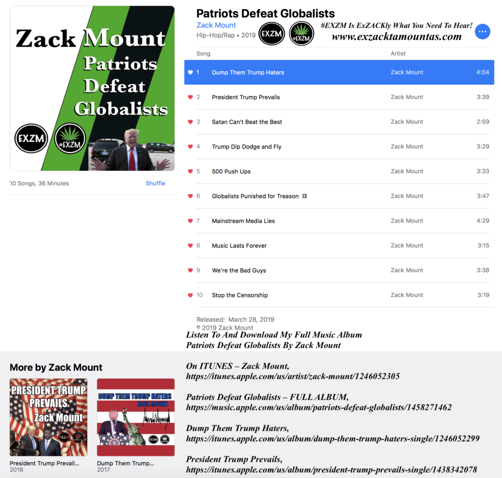 Listen To And Download My Full Music Album Patriots Defeat Globalists By Zack Mount On ITUNES EXZM November 13th 2021 1