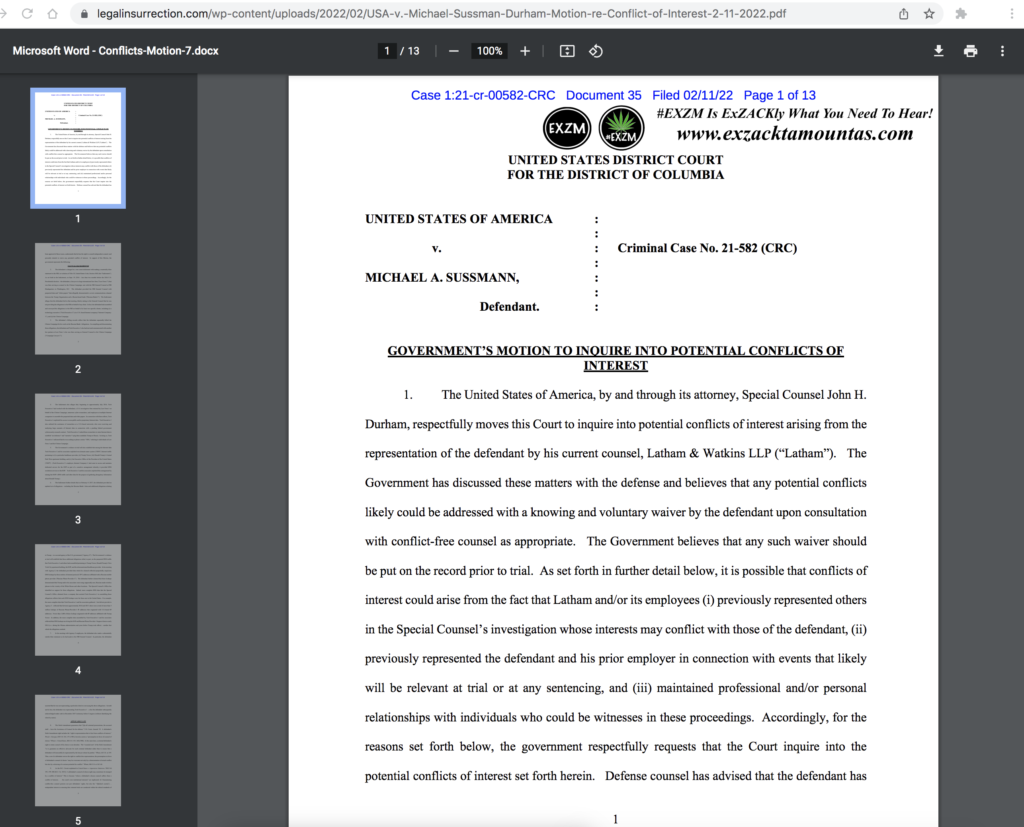 Special Counsel John Durham Crooked Hillary Clinton RussiaGate Hoax Alex Jones Donald Trump Barack Obama Deep State Michael Sussman Conflicts of Interest pdf EXZM Zack Mount February 14th 2022