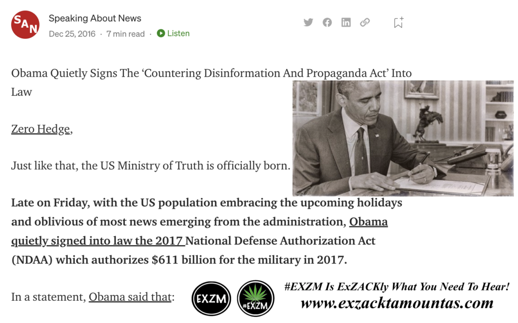 Barack Obama Countering Disinformation And Propaganda Act The Great Reset EXZM exZACKtaMOUNTas Zack Mount August 27th 2022