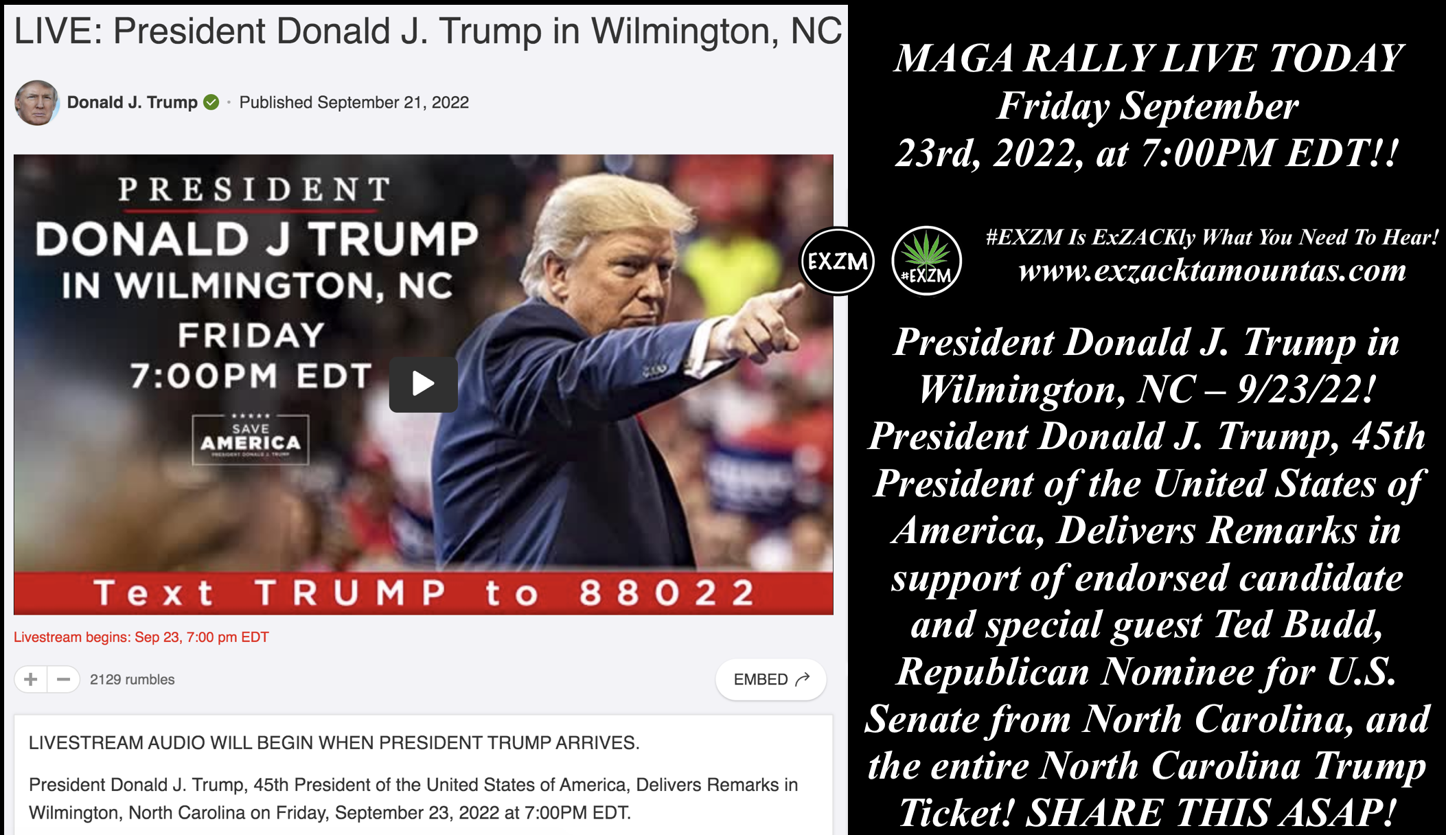 MAGA RALLY LIVE President Donald J Trump in Wilmington North Carolina The Great Reset Book Alex Jones Infowars EXZM exZACKtaMOUNTas Zack Mount September 23rd 2022