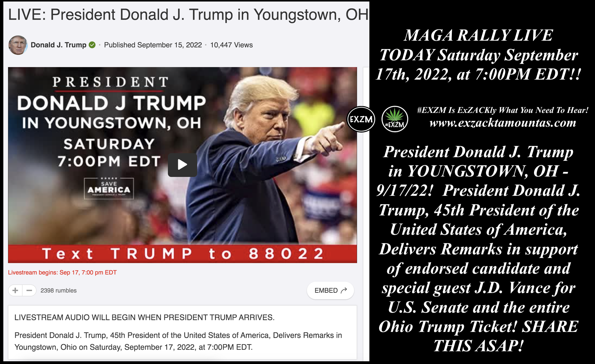 MAGA RALLY LIVE President Donald J Trump in YOUNGSTOWN OHIO The Great Reset Book Alex Jones Infowars EXZM exZACKtaMOUNTas Zack Mount September 17th 2022