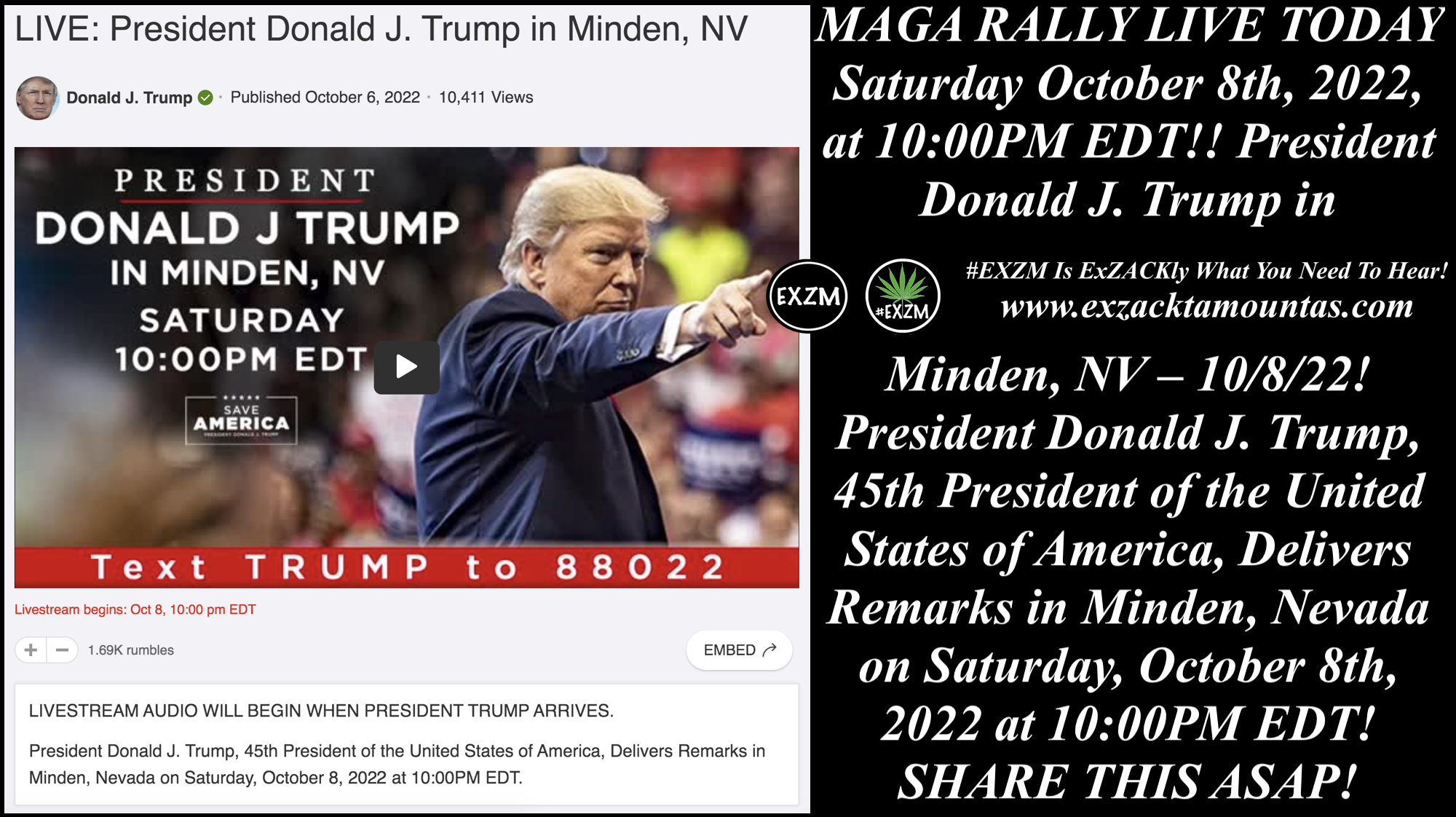 MAGA RALLY LIVE 45th President Donald J Trump Minden Nevada Alex Jones Infowars The Great Reset EXZM exZACKtaMOUNTas Zack Mount October 8th 2022