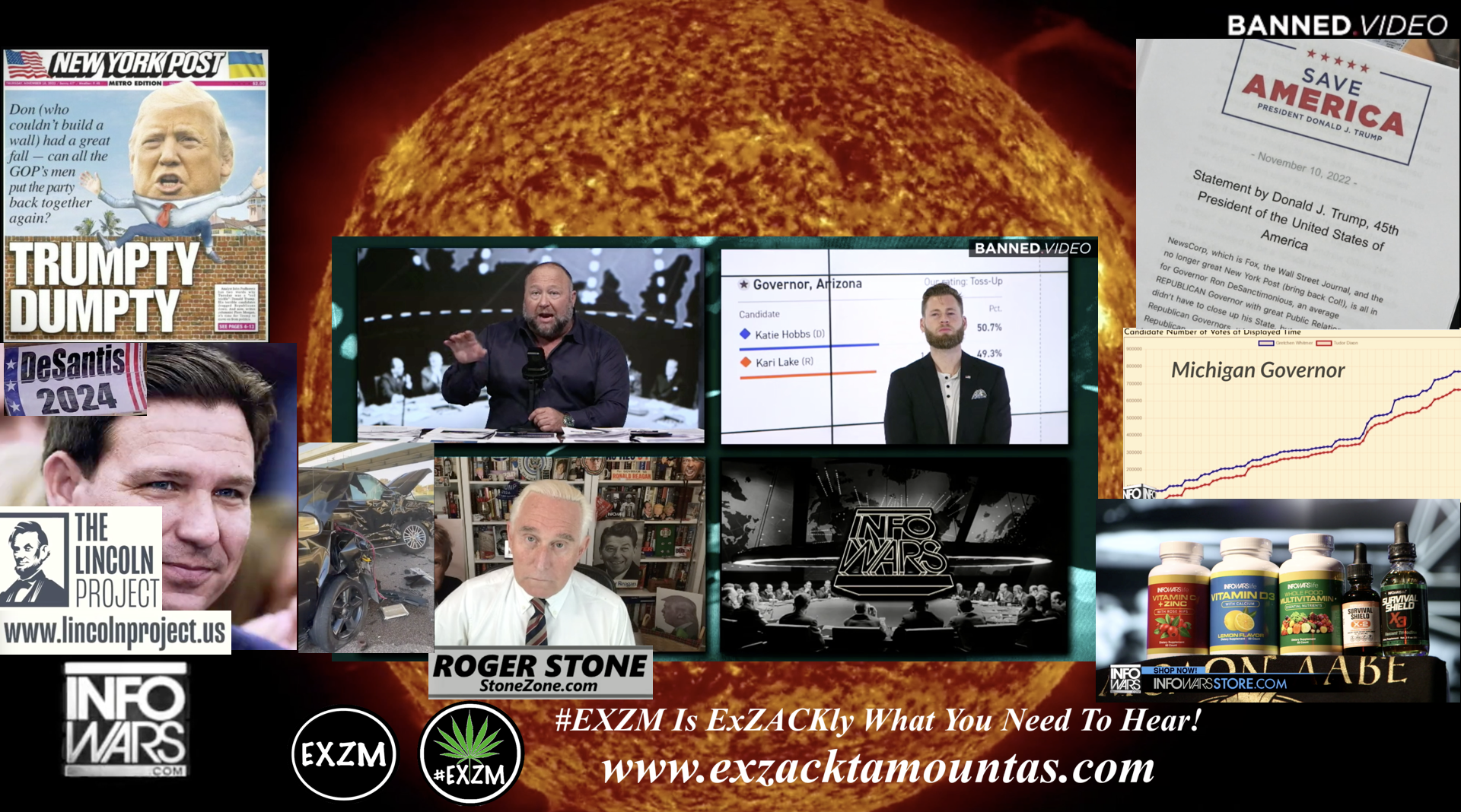 Alex Jones Roger Stone Owen Shroyer Donald Trump Ron Desantis 2024 Infowars Store Studio Midterms The Great Reset Book EXZM exZACKtaMOUNTas Zack Mount November 11th 2022